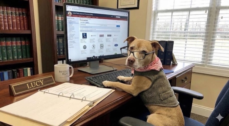 LUCY, a pit and lab mix, at a desk